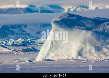 Landschaft der Antarktis gefangen Eisberge im Meereis. Snow Hill Island Weddellmeer, Antarktis. Stockfoto