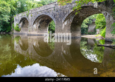 Detaillierte Sommer Blick auf den Fluss Torridge, durch die historische Brücke zu den Rothern Rolle Brücke mit niedrigem Wasser und Reflexionen: Torrington. Stockfoto