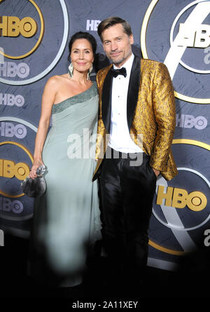 West Hollywood, Kalifornien, USA. 22 Sep, 2019. Schauspieler Nikolaj Coster-Waldau und Frau Nukaaka Coster-Waldau besuchen HBO Post Emmy Award Empfang folgenden 71st Primetime Emmy Awards am 22. September 2019 auf der Plaza im Pacific Design Center in West Hollywood, Kalifornien, USA. Credit: Barry King/Alamy leben Nachrichten Stockfoto