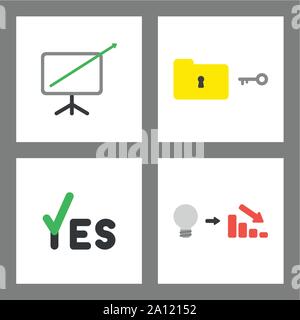 Vektor icon Konzept gesetzt. Umsatz Pfeil aus der Chart, entsperren oder Lock Folder, Ja mit Haken, schlechte Idee und Rückgang der Verkäufe. Stock Vektor