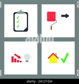 Vektor icon Konzept gesetzt. Zwischenablage mit Prüfzeichen, Farbe toller Malerei, schlechte Idee und Umsatz rückläufig, Haus mit Häkchen. Stock Vektor