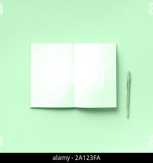 Ansicht von oben offenen rosa Notebook am trendigen Minze Farbe Hintergrund. Kopieren Sie Platz. Frau Business, Studium, zurück in die Schule. Zeit managenet, um Liste zu tun. Stockfoto