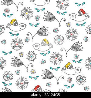 Vektor nahtlose Muster, Farbe Zeichnungen von Vögeln, Blumen, Line Art.-Stickerei, Ornament in der Folk style für Hintergrund Stock Vektor