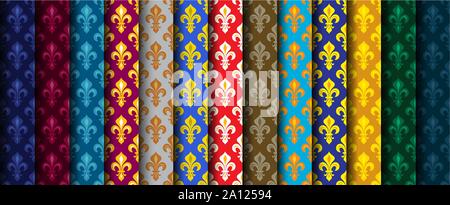 Royal heraldische Lilien (Fleur de Lis) - reiche bunte Tapeten, Stoff Textil, nahtlose Muster, von 13 versicolored Rollen. Stock Vektor