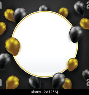 3D-Trauben und Gruppen der schwarzen und goldenen glänzend und grobe Ballons mit Helium Gas mit leeren weißen Papier fliegen, für Party, glücklich und Feiern decorat Stock Vektor