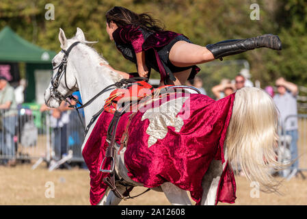 Equestrienne Stunt zeigt Pferd Anzeige an den nationalen Land Show Live im Hylands Park, Chelmsford, Essex, Großbritannien. Horse Event Team Stockfoto