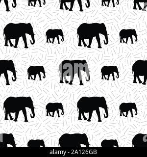 Nahtlose Muster von Elephant Silhouetten mit geometrischen Hintergrund erstellt. Stock Vektor