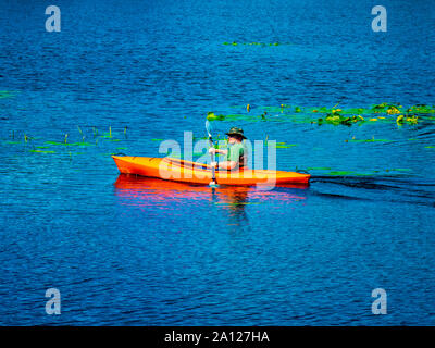 Single Mann mittleren Alters eine orange Kajak paddeln auf einem See im Spätsommer, Michigan, USA. Stockfoto