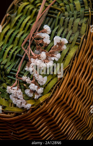 Weidenkorb auf den Kopf und getrocknete Blumen Stockfoto