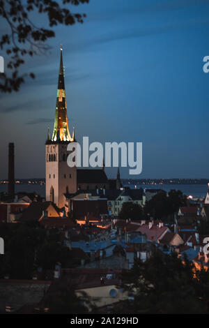 Panorama der Stadt Tallinn, in der Ferne die Kirchturmspitze der St. Olaf, ein Baptist Church Stockfoto