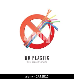 Kein Plastik Strohhalme. Sparen Umwelt Banner. Das Symbol für die Natur schützen. Vector Illustration Stock Vektor