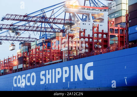 Hamburg, Deutschland. 28. Juli 2019. Die chinesische Containerfrachter COSCO Versand Löwe befindet sich an der Conatinerterminal Steinwerder der Hamburger Hafen und Logistik AG (HHLA). Die China Ocean Shipping Company (COSCO) ist ein staatliches Unternehmen in der Volksrepublik China. Quelle: Markus Scholz/dpa/Alamy leben Nachrichten Stockfoto