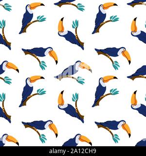 Nahtlose Muster mit cute cartoon Tukane sitzen auf den Zweig. Exotische Vögel auf weißem Hintergrund. Flache Vector Illustration. Stock Vektor