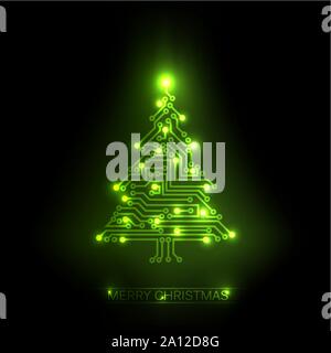 Vektor Weihnachtsbaum von digitalen elektronischen Stromkreis und leuchten grün Stock Vektor