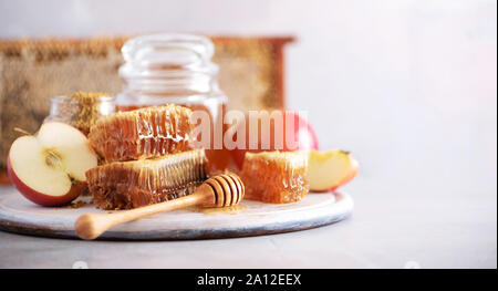 Äpfel mit Honig jar, honigwabe auf grauem Hintergrund mit kopieren. Rosch Haschanah jüdischen Neujahr feiern. Stockfoto