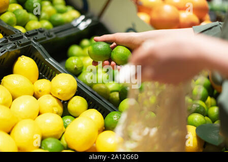 Frau entscheidet, Früchte und Gemüse zu Farmers Market. Null Abfall, Kunststoff Konzept. Nachhaltiger Lebensstil. Wiederverwendbare Baumwolle und Mesh eco Beutel für Stockfoto