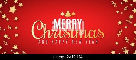 Banner für Weihnachten. Goldene Sterne mit Serpentine und Kugeln auf einem roten Hintergrund. Stilvolle Schriftzug. Festliche Plakat für Ihr Design. Vektor illustrati Stock Vektor