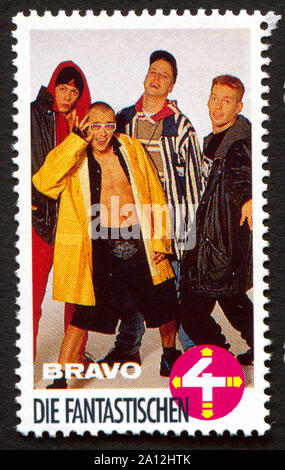 Die Fantastischen Vier auf einer Vintage Briefmarke von Bravo von Anfang der 1980er Jahre Stockfoto