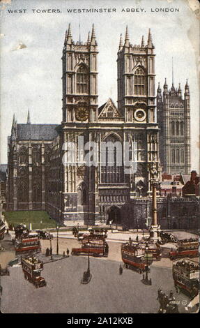 Westtürme in der Westminster Abbey in London in den 1920er Jahren auf alte Ansichtskarte aus Großbritannien Stockfoto
