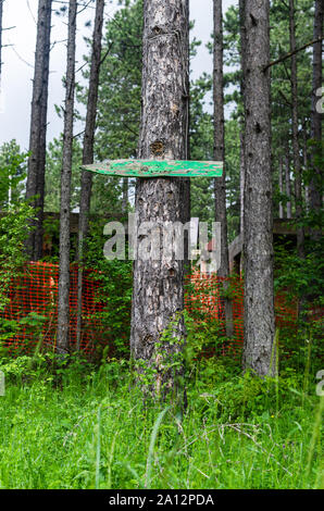Handgefertigt aus Holz Schild an einem Baum in einem Wald Stockfoto