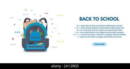 Zurück zu scool Banner. Blau Schule Rucksack mit Schule Accessoires. Rucksack mit Taschen und Reißverschluss. Bildung und Studium Zurück zur Schule Stock Vektor