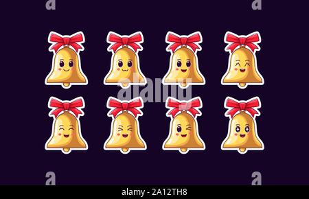 Cartoon Kawaii Bell, Weihnachten Sticker Set. Neues Jahr und Weihnachten Sammlung von Süß goldene Glocken mit roter Schleife, unterschiedliche Emotionen. Festliche Charakter mit Stock Vektor