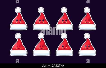 Cartoon Kawaii Santa Hut, Weihnachten Sticker Set. Neues Jahr und Weihnachten Sammlung von netten Weihnachtsmann Mütze mit unterschiedlichen Emotionen. Festliche Charakter mit Stock Vektor