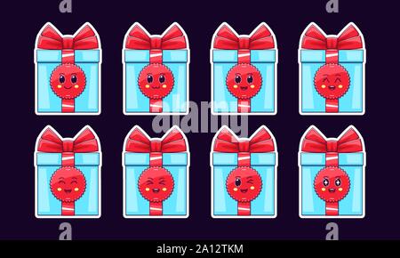 Cartoon Kawaii Geschenkbox, Weihnachten Sticker Set. Neues Jahr und Weihnachten Sammlung von süßen Geschenk mit roter Schleife, unterschiedliche Emotionen. Festliche Charakter mit exp Stock Vektor