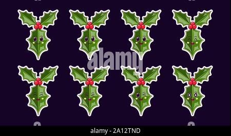 Cartoon Kawaii Holly Leaf, Weihnachten Sticker Set. Neues Jahr und Weihnachten Sammlung von niedlichen Ilex Sträußchen mit roten Beeren, verschiedene Gefühle. Festliche Characte Stock Vektor
