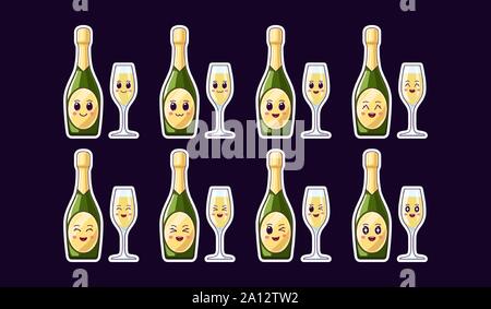 Cartoon Kawaii Champagner, Weihnachten Sticker Set. Neues Jahr und Weihnachten Eingestellt von niedlichen Champagner Flasche und Weinglas mit Emotionen. Festliche Charakter mit Ex Stock Vektor