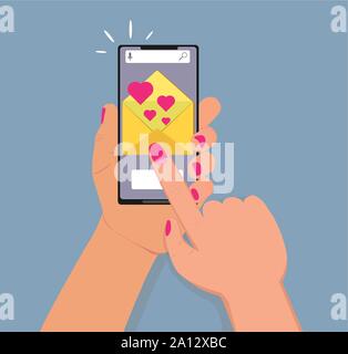 Liebe, valentines Nachricht Konzept Vektor für Web-, Banner. Hand Smartphone mit Umschlag und Herzen. Stock Vektor