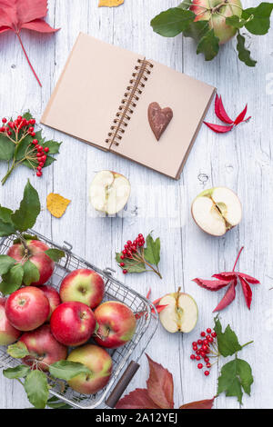 Äpfel in einem Metallkorb, herbstliche bunte Blätter, viburnum Obst und Skizzenbuch auf einem weißen, rustikal, Holz- Hintergrund. Stockfoto