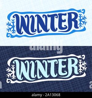 Vektor Banner für Wintersaison: retro Weihnachten logo mit Schneeflocken auf blauen geometrischen Muster, dekorative handschriftlichen Font für Word Winter. Stock Vektor