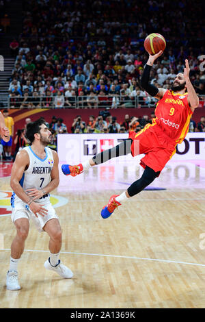 Ricky Rubio (Spanien) gegen Argentinien. FIBA Basketball Wm China 2019, Finale Stockfoto