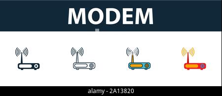 Symbol Modem eingestellt. Vier einfache Symbole in verschiedenen Stilrichtungen von Web Hosting icons Collection. Creative Modem Icons, Outline, farbige und flach Stock Vektor