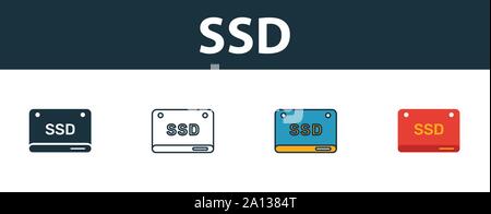 Ssd-Symbol gesetzt. Vier einfache Symbole in verschiedenen Stilrichtungen von Web Hosting icons Collection. Kreative ssd Icons, Outline, Farben und Symbole Stock Vektor