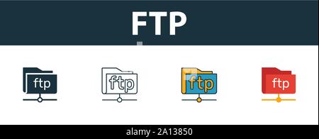 Ftp-Symbol gesetzt. Vier einfache Symbole in verschiedenen Stilrichtungen von Web Hosting icons Collection. Kreative ftp-Icons, Outline, Farben und Symbole Stock Vektor