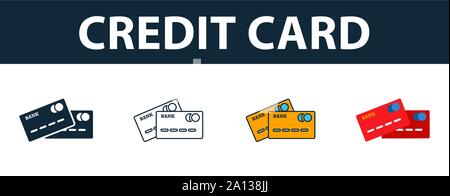 Kreditkarte Icon Set. Vier einfache Symbole in verschiedenen Stilen von Travel icons Collection. Kreative Kreditkarte Icons, Outline, farbige und Stock Vektor