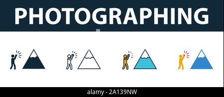 Fotografieren Icon Set. Vier einfache Symbole in verschiedenen Stilrichtungen von Tourismus icons Collection. Kreatives Fotografieren Icons, Outline, farbig Stock Vektor