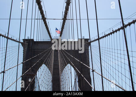 Stahldrähte der Brooklyn Bridge Sterben in Detailansicht Stockfoto