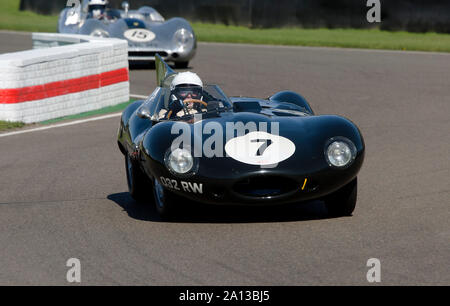 1955 Jaguar E-Type "lange Nase" von Gary Pearson in den Sussex Trophy Rennen auf dem Goodwood Revival 13. Sept 2019 in Chichester, England angetrieben. Stockfoto