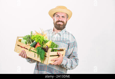 In der Landschaft. man-Chef mit reichen Herbst Ernte. saisonale Vitamin essen. Nützliche Obst und Gemüse. organische und natürliche Lebensmittel. happy halloween. bärtigen reife Landwirt. Harvest Festival. Landschaft. Stockfoto