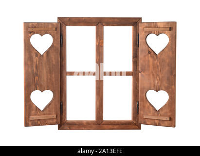 Holz Fenster mit Fensterläden mit Herzen isoliert auf weißem Stockfoto