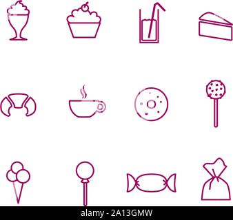 Desserts Icons und Symbole. Süßigkeiten, Muffins, Kuchen und Süßigkeiten. Infografiken, Vector Illustration. Stock Vektor