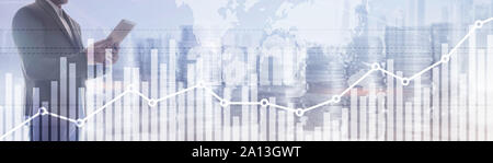 Double Exposure globalen Weltkarte auf Unternehmen finanzielle Börsenhandel Hintergrund Stockfoto