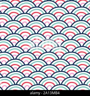 Vektor nahtlose Wellig doodle Muster mit geometrischen Fish scale Layout. Hand kreisen Blau Rot auf Weiß gezeichnet. Zusammenfassung Hintergrund hand Kreise gezeichnet Stock Vektor
