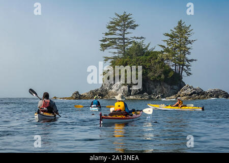 Kayaker paddeln unter den gebrochenen Gruppe Inseln im Pacific Rim National Park Reserve, British Columbia, Kanada. Stockfoto