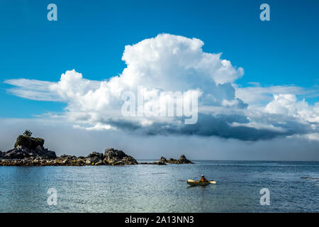 Ein solo Kayaker paddeln unter den gebrochenen Gruppe Inseln im Pacific Rim National Park Reserve, British Columbia, Kanada. Stockfoto