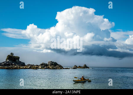 Ein kayaker paddeln unter den gebrochenen Gruppe Inseln im Pacific Rim National Park Reserve, British Columbia, Kanada. Stockfoto