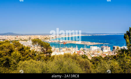 Antenne und Panoramablick auf die Bucht mit dem Hafen und der Altstadt von Palma de Mallorca, Spanien Stockfoto